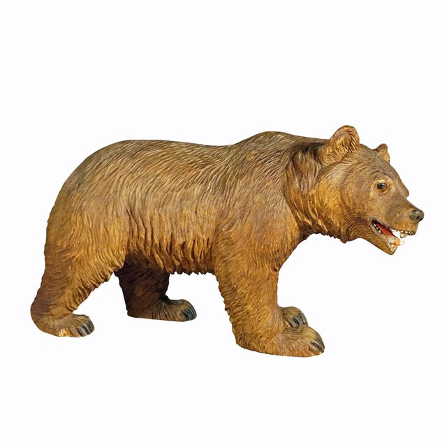 Wood Wooden Statue of a Walking Bear Handcarved in Switzerland Ca.1930s For Sale - Image 7 of 7