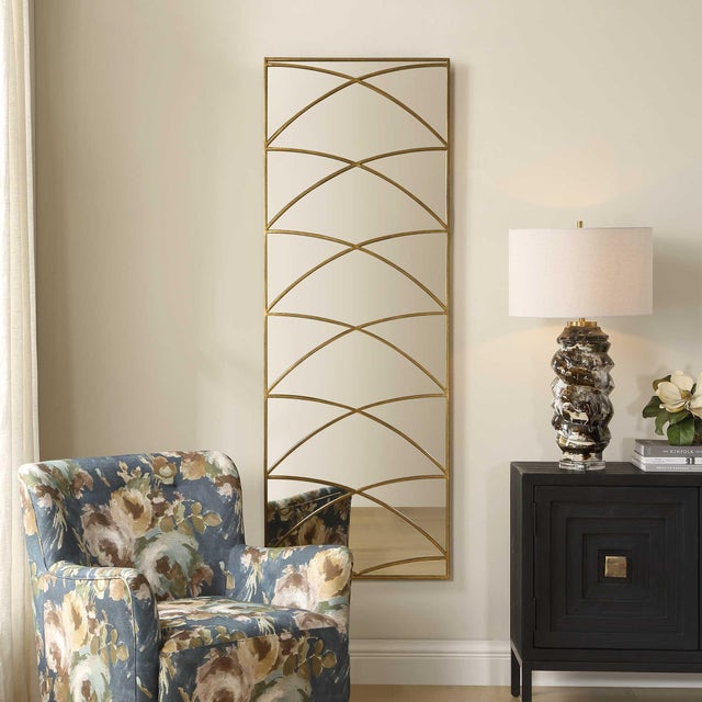 The Crossed Up Mirror Boasts An Elegant Antique Gold Iron Frame And Geometric Overlay, Creating A Series Of Stylized...