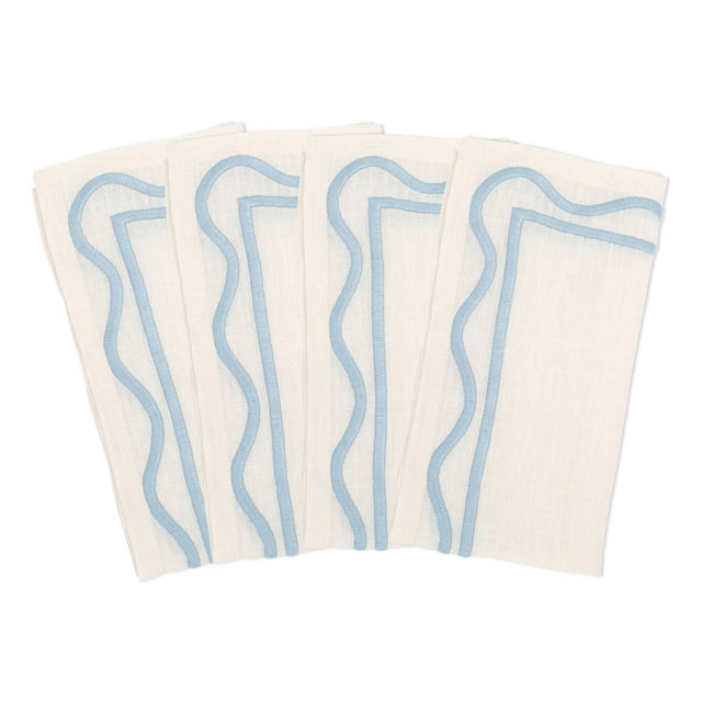 Colorblock Blue Embroidered Linen Napkins, Set of 4 For Sale