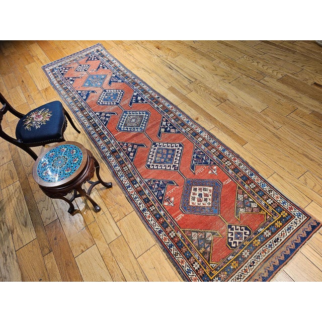 Antique Persian Kurdish Bidjar Runner Rug, Hand-Knotted Wool, Geometric Pattern, Terracotta & Navy, 3x13 For Sale In Chicago - Image 6 of 17