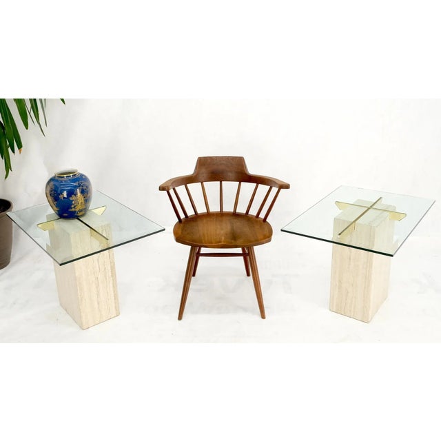 Pair of mid-century Italian modern travertine bases side end tables stands.