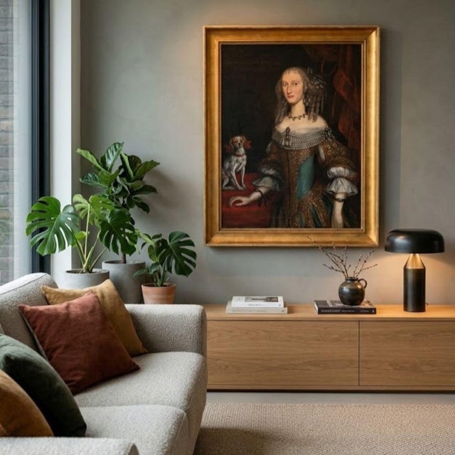 We are pleased to present this splendid oil-on-canvas painting, dating to the mid-17th century. It is a beautiful portrait...