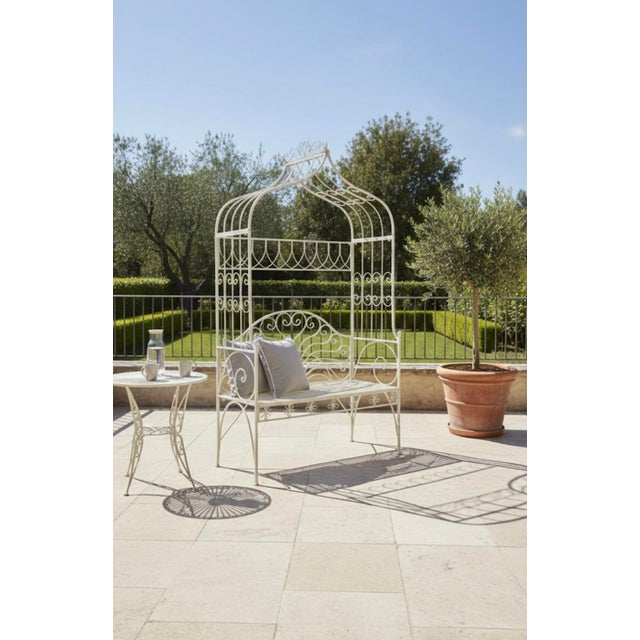 Metal Vintage-Style French Country White Wrought Iron Garden Canopy Bench For Sale - Image 7 of 7