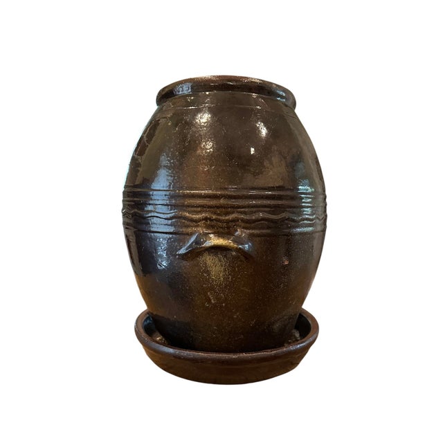 Mid 20th Century Vintage Large Hand Made Brown Glazed Redware Pottery Crock / Vessel / Olive Jar / Planter and Saucer Set For Sale - Image 5 of 10