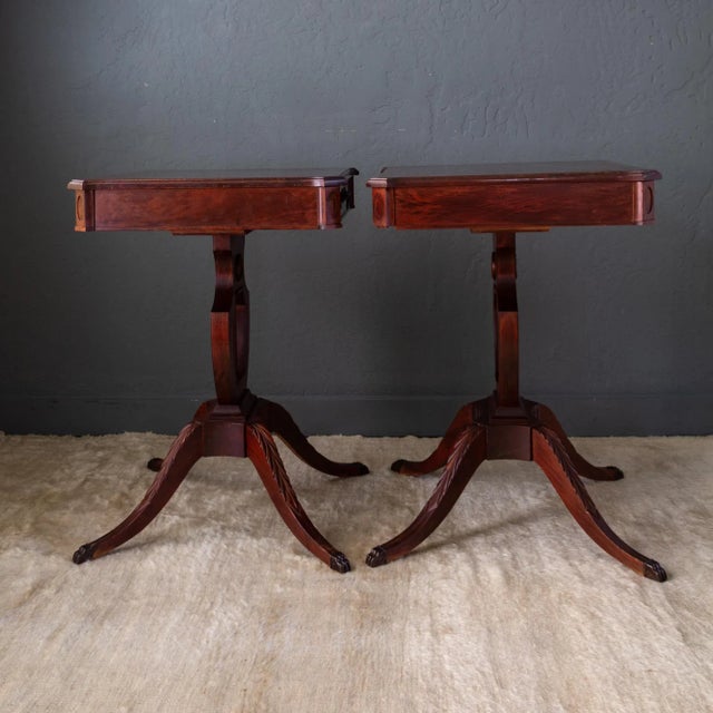 Mersman Set of Mersman Harp and Lyre Mahogany SideTables With Brass Feet and Drawers For Sale - Image 4 of 17