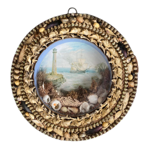 Edwardian Shellwork Valentine Diorama of a Ship Passing Lighthouse