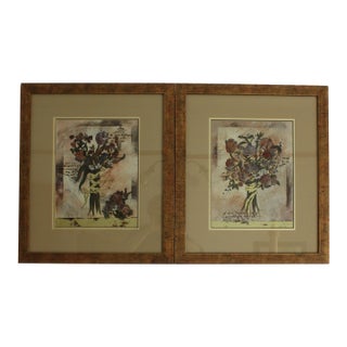 1980s Pair of Signed Hollalk Floral Prints – Gallery‑Quality Professional Framing – Matching Set For Sale