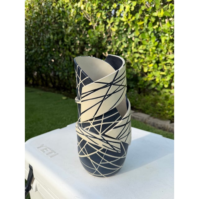 Contemporary Contemporary Sculptural Black & White Studio Pottery Ribbon Vessel For Sale - Image 3 of 12