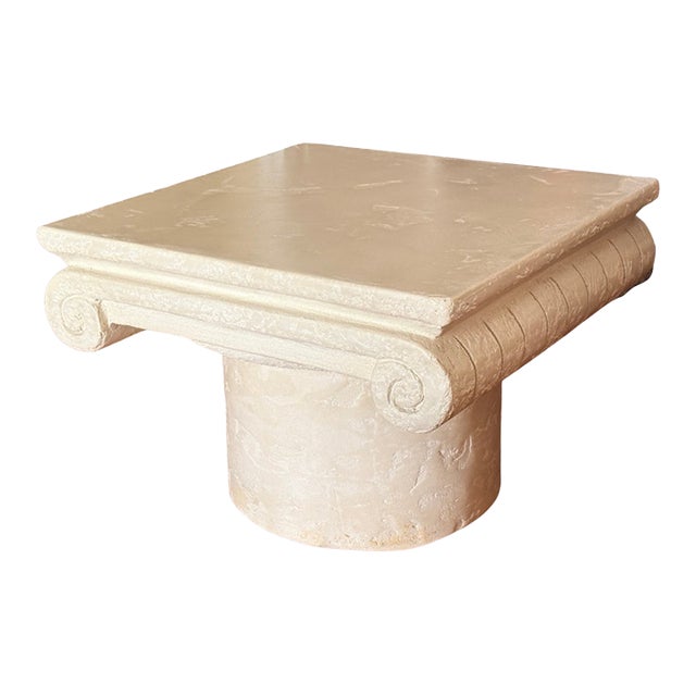 Late 20th Century Neoclassical Ionic Capital Plaster Coffee Table, Architectural Column Form, Square Top on Cylindrical Pedestal Base For Sale