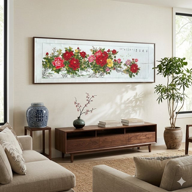 Paper Long Horizontal 141" Chinese Color Ink Red Peony Blossom Scroll Painting For Sale - Image 7 of 14