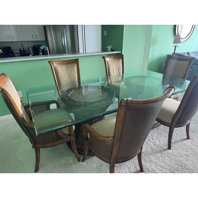 Art Deco Glass Dining Table With Marble/Wood Pedestals For Sale - Image 3 of 5