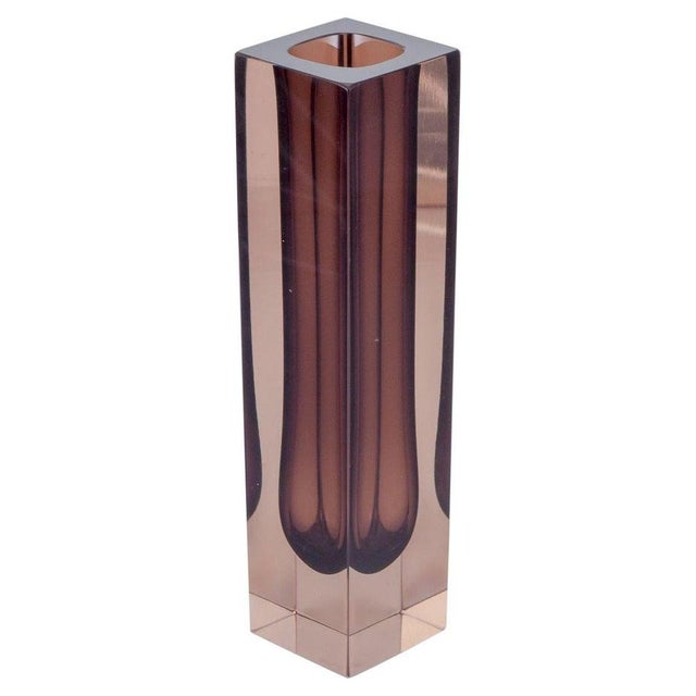 Glass Square Smoke-Colored and Brown Art Glass Vase, Murano, Italy, 1960s For Sale - Image 7 of 7
