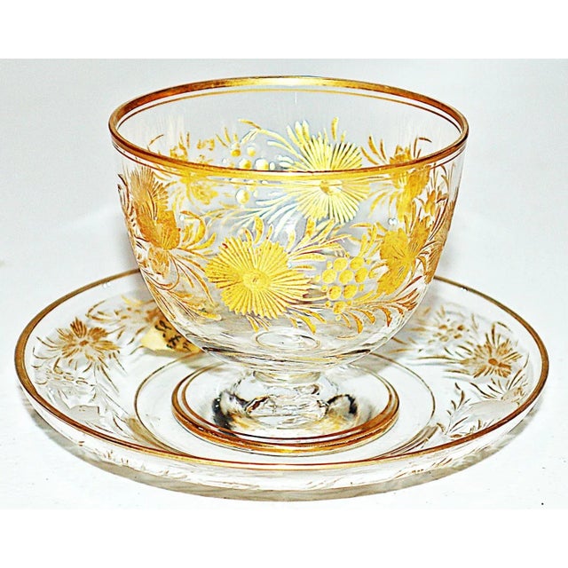 Beautifully etched and 24k gilded set of 5 fruit or small sherbert cups with saucers plus 3 extra saucers, French c....