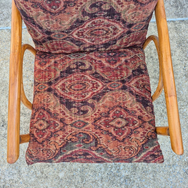 1960s 1960s Ficks Reed Style Pagoda Rattan Bamboo Lounge Chair Tapestry Covered Cushions For Sale - Image 5 of 12