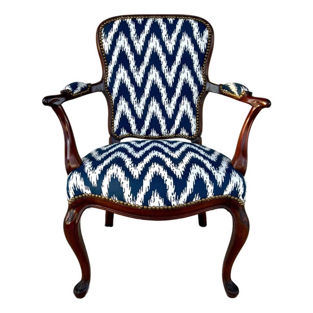 Late 19th Century English Mahogany George III Style Open Arm Chair Upholstered in a Navy and White Chevron Fabric For Sale