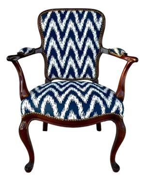 Late 19th Century English Mahogany George III Style Open Arm Chair Upholstered in a Navy and White Chevron Fabric