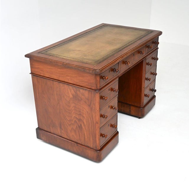 Antique Victorian Walnut Leather Top Pedestal Desk, 1890 For Sale - Image 3 of 11
