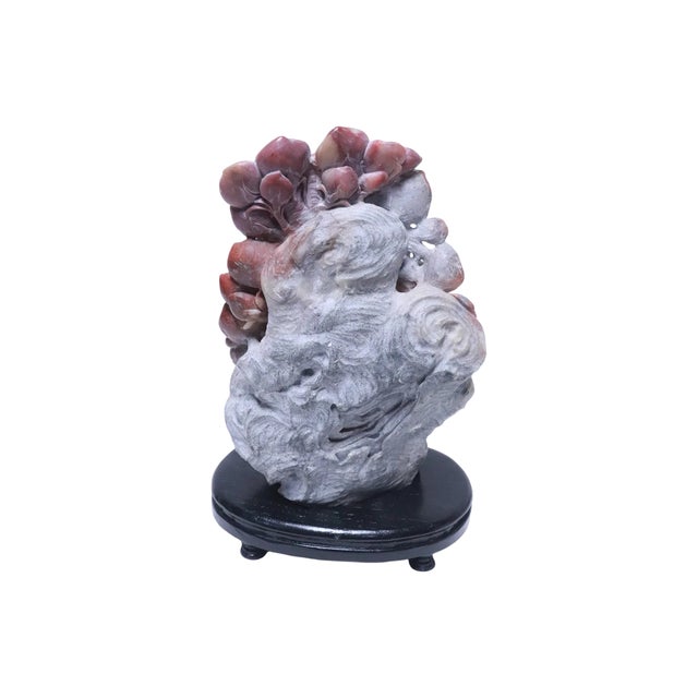 Large Chinese Shoushan Stone Peach & Crane Carving on Wood Stand, 12"h For Sale - Image 4 of 7