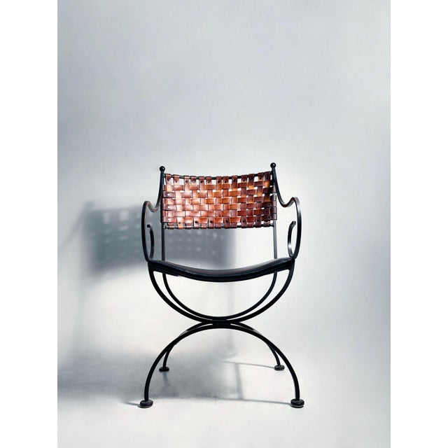 Mid-Century Modern Pair of Arthur Umanoff Scroll Arm Chairs with Leather Strapping For Sale - Image 3 of 6