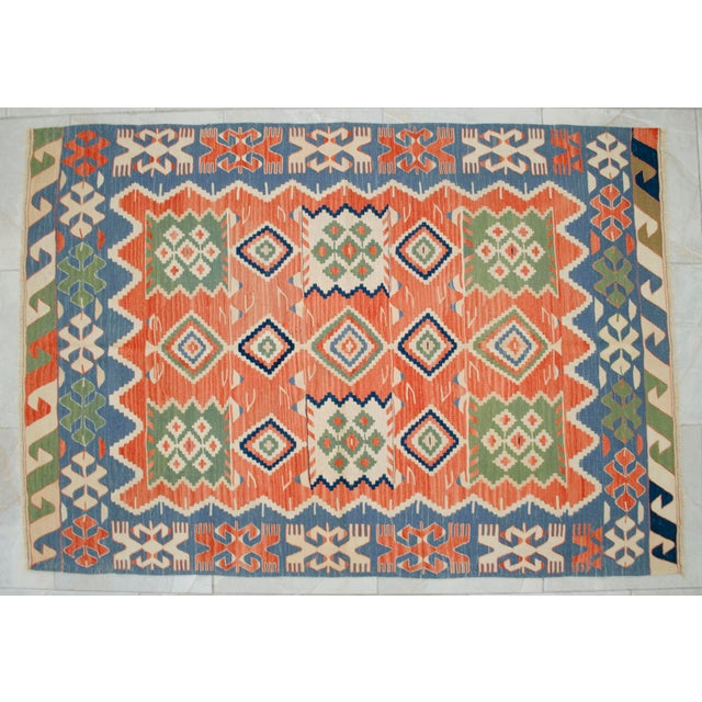 1980s Hand Woven Turkish Kilim Rug Flat Weave Wool Area Oushak Rug For Sale - Image 5 of 13
