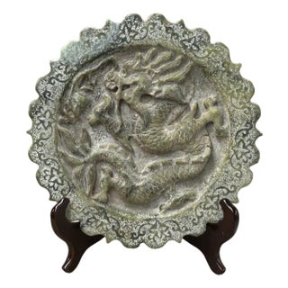 Green Gray Stone Dragon Carving Round Fengshui Plaque Display Art For Sale