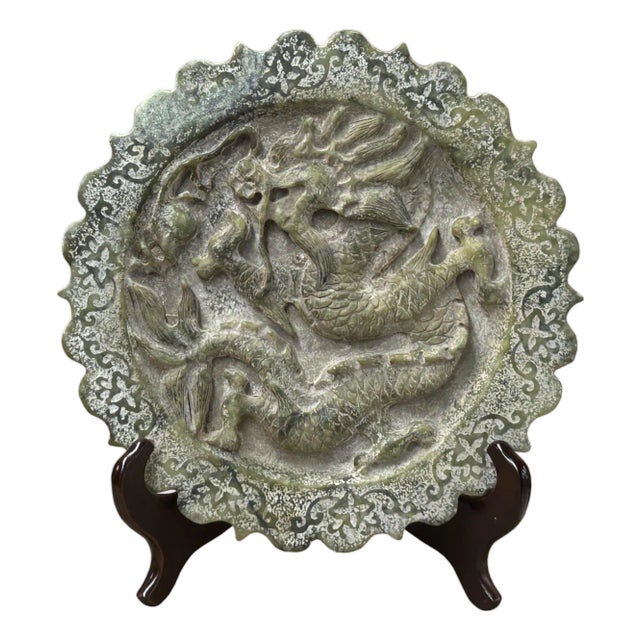 Green Gray Stone Dragon Carving Round Fengshui Plaque Display Art For Sale