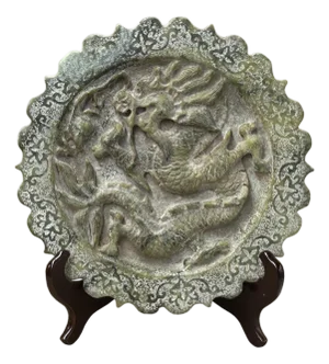 Green Gray Stone Dragon Carving Round Fengshui Plaque Display Art