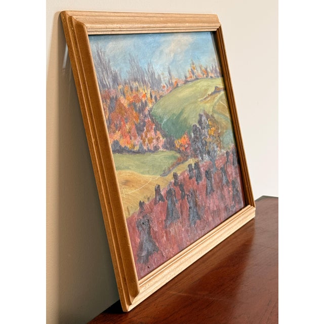 This is a confident and genuinely appealing piece of American regionalist landscape painting, depicting a rolling autumn...