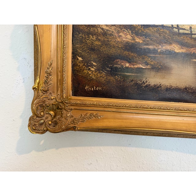 Large VTG Alpine Mountain Landscape Oil Painting European Cabin Framed Signed For Sale - Image 12 of 15
