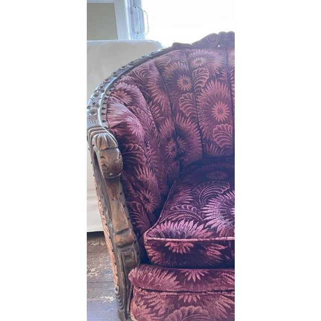 Purple velvet vintage arm chair from the 1920’s. Made of solid walnut and ebony wood.