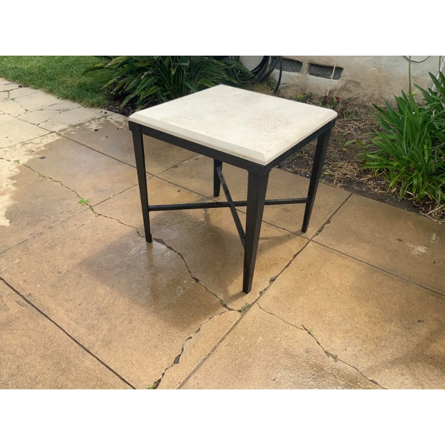 Modern Patio End Table With Travertine Top For Sale - Image 4 of 5