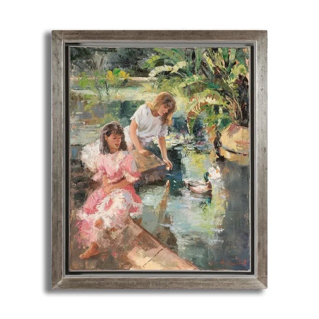 Modern Marie Vandermeulen, Two Girls at the Duck Pond, 1980s, Oil on Canvas For Sale - Image 3 of 4