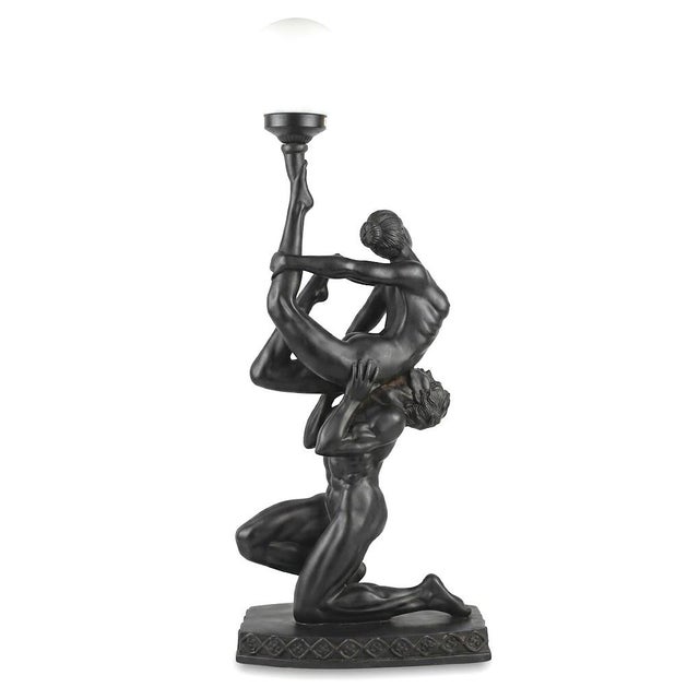 Art Deco 1970s Sculptural Black Figural Table Lamp With Frosted White Globe For Sale - Image 3 of 11