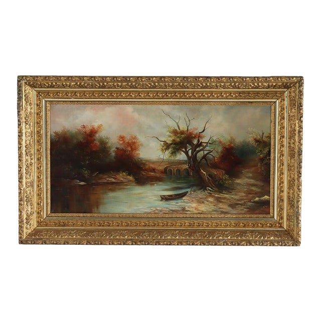 Antique Hudson River School Oil on Canvas Painting of a River Scene C1900 For Sale