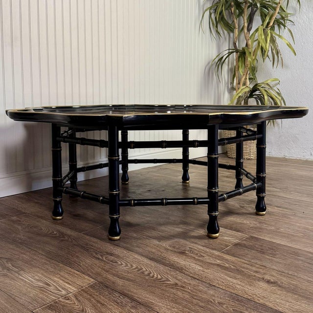Vintage Hollywood Regency Black Lacquer Chinoiserie Coffee Table For Sale - Image 4 of 13
