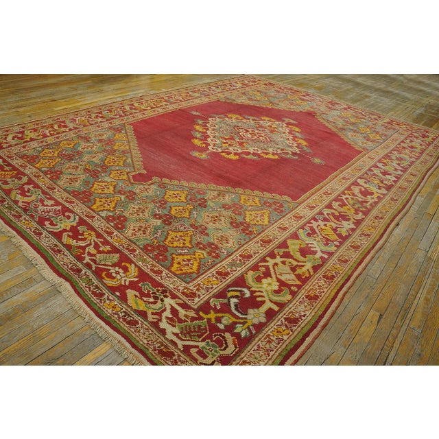 Spellbinding Red-Raspebery Fiedl With Delicate Medallion Pattern Antique Turkish Ghiordes Oushak Rug For Sale - Image 9 of 12