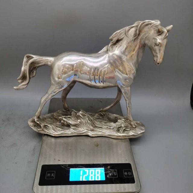 Vintage Silver-Tone Metal Horse Sculpture on Rocky Base For Sale In Los Angeles - Image 6 of 9