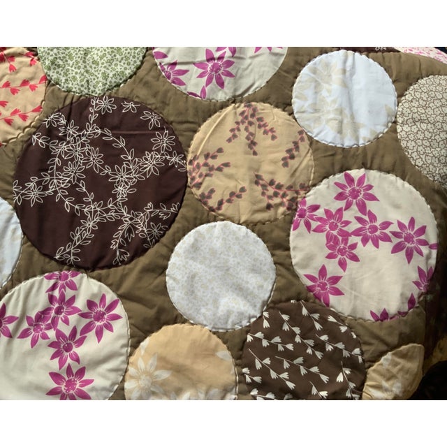 Hippie-Chic Japanese Cotton Medallion Quilt — Chocolate Brown & Pink Floral Circles, Hand Quilted, 66x88P For Sale - Image 9 of 18