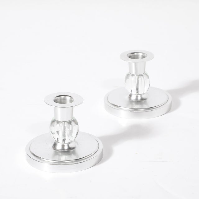 Metal Pair of Art Deco Candle Holders in Brushed Aluminum & Glass Signed Kensington For Sale - Image 7 of 10