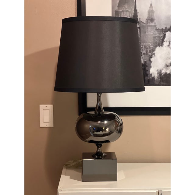 Gourd shaped "PARIS" table lamp by Marian Jamieson, in stunning polished black nickel finish and black silk pongee shade....