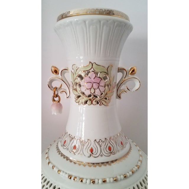 Italian Reticulated, Beaded, Hand Painted Porcelain Vase, Monogram Marks For Sale - Image 3 of 7