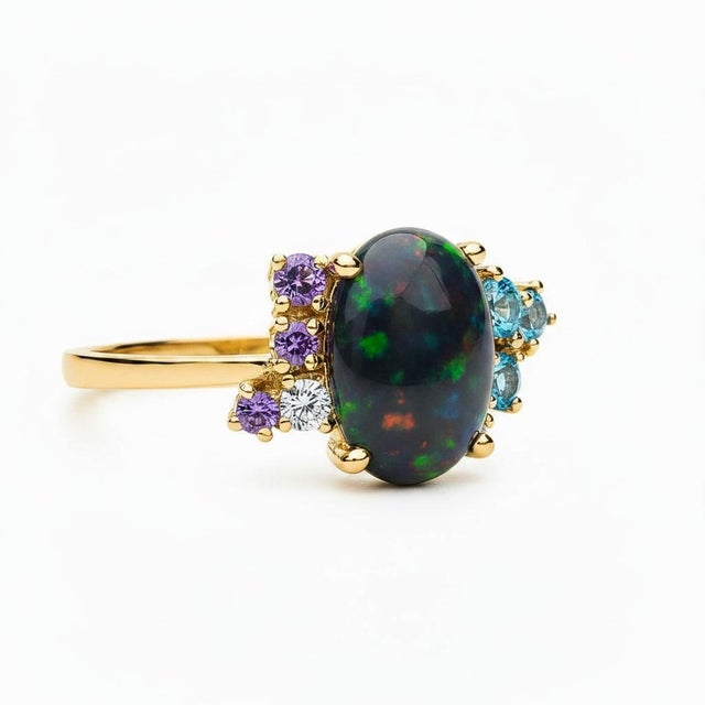 Black Opal Multicolor Ring in 14k Gold, Size 7.5 For Sale - Image 6 of 9