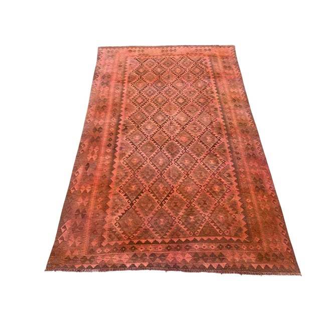 Modern Vintage Overdyed Kilim Area Rug, Handwoven Wool, 6x10, Coral For Sale - Image 3 of 12