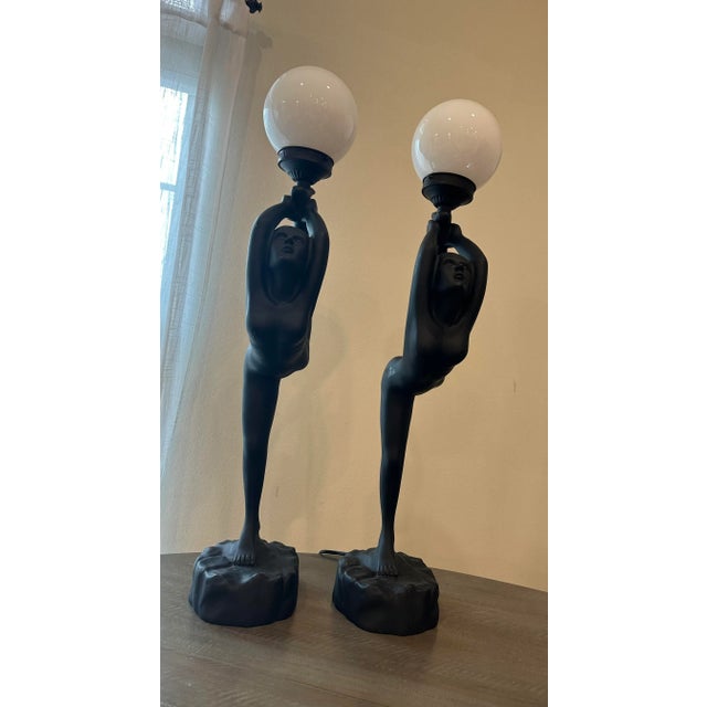 Glass Art Deco Style, Nude Women Matching Black Tall Lamps - a Pair For Sale - Image 7 of 9