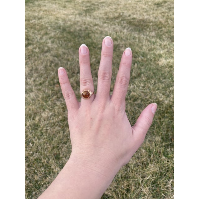 Metal Round Amber Statement Ring, 9k Yellow Gold, Ring Size 5 For Sale - Image 7 of 7