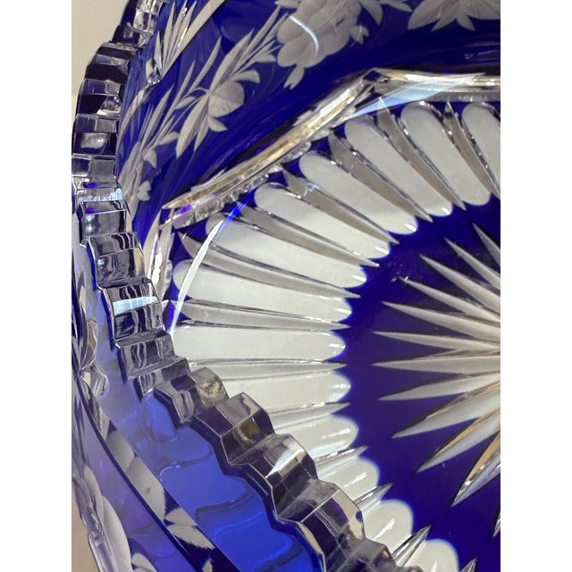 1950s Mid 20th Century Czech Bohemian Cobalt Blue Cut to Clear Crystal Centerpiece Bowl For Sale - Image 5 of 18