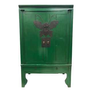 Asian Style Green Lacquer Armoire Cabinet For Sale