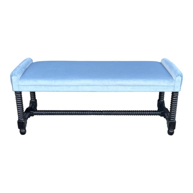 Contemporary 1970s Jacobean Revival Barley Twist Velvet Upholstered Bench For Sale - Image 3 of 11