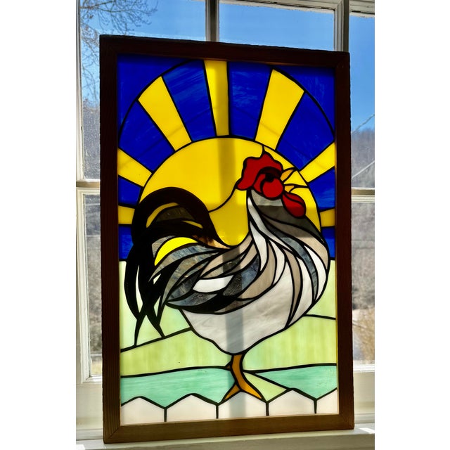 Mid 20th Century Framed Handcrafted Stain Glass Rooster and Vibrant Sunrise For Sale - Image 9 of 11