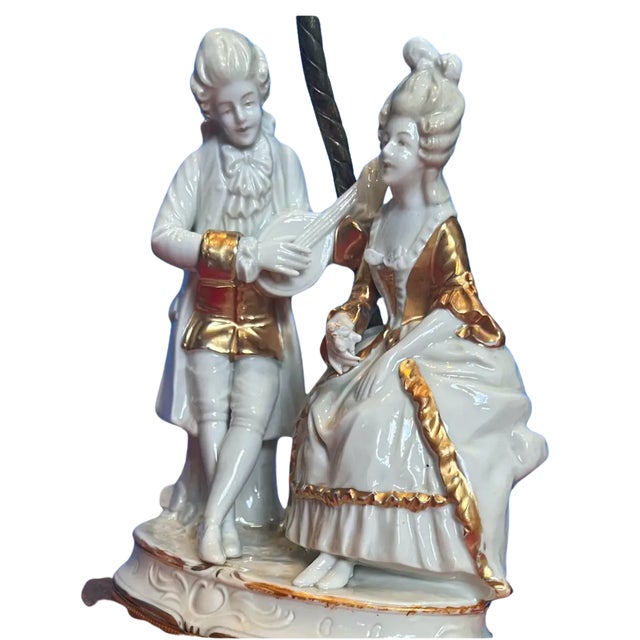 Rococo Mid-Century Porcelain Figural Table Lamp Courting Couple For Sale - Image 3 of 12